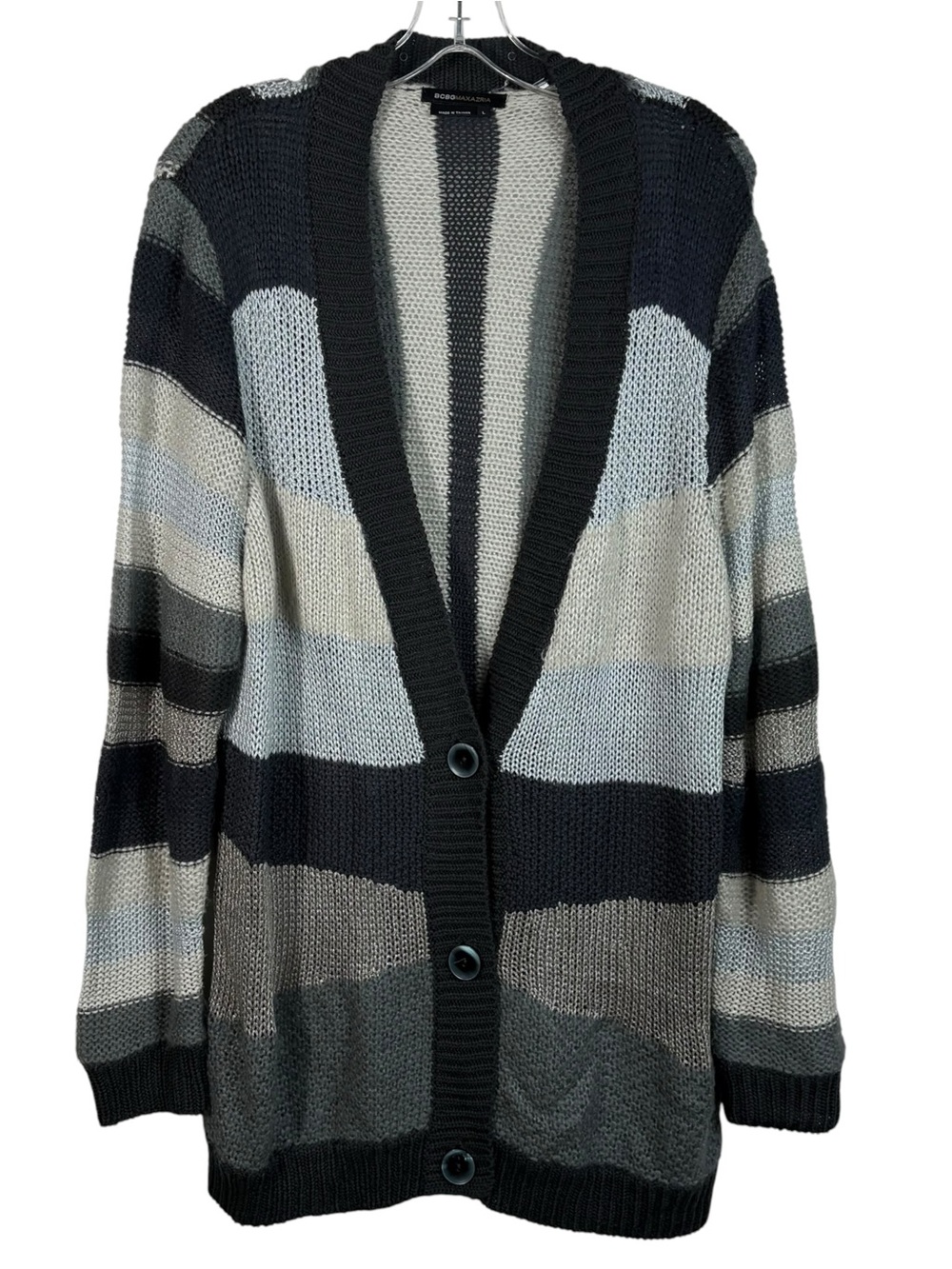 BCBGMaxazria Gray Blue Striped Longline Lightweight Knit Cardigan Sweater Large